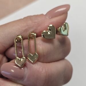 Gold-Tone Safety Pin Hearts Earring Set